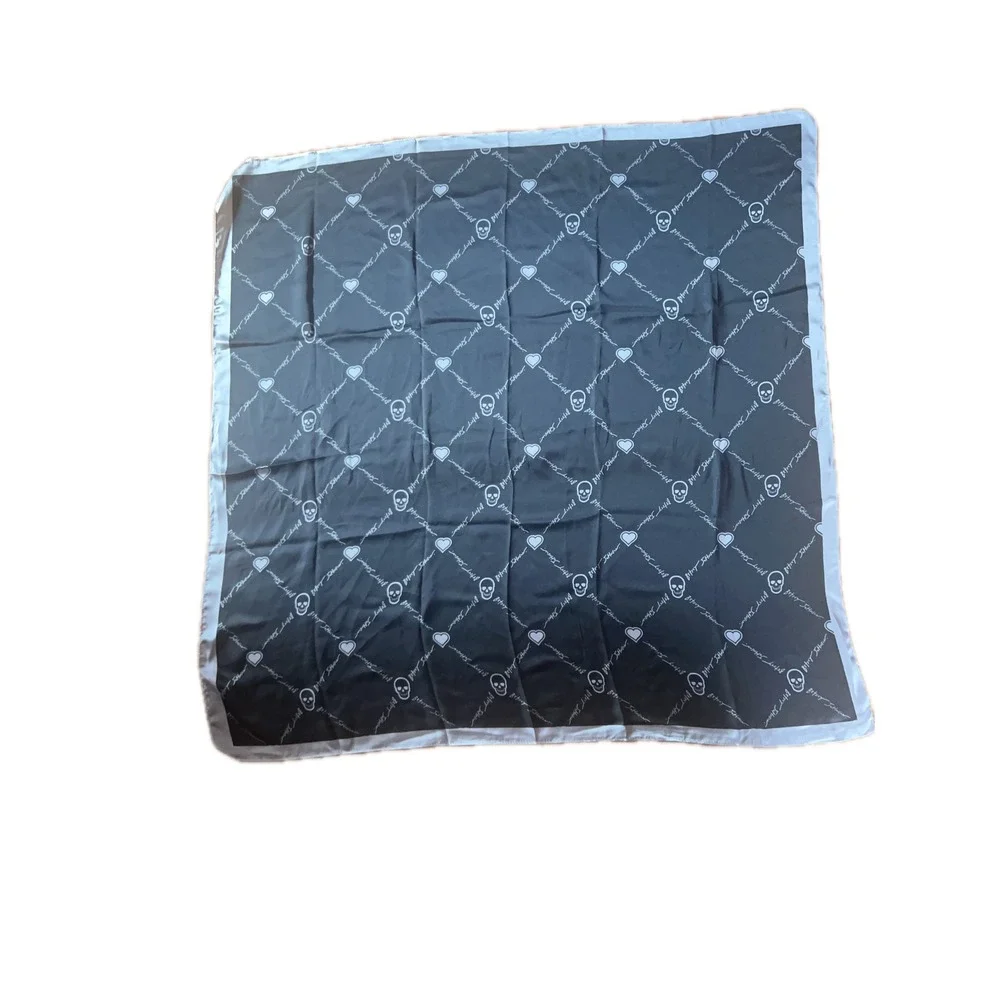 Betsey Johnson Black Silver Skull Heart Grid Square Scarf NWT